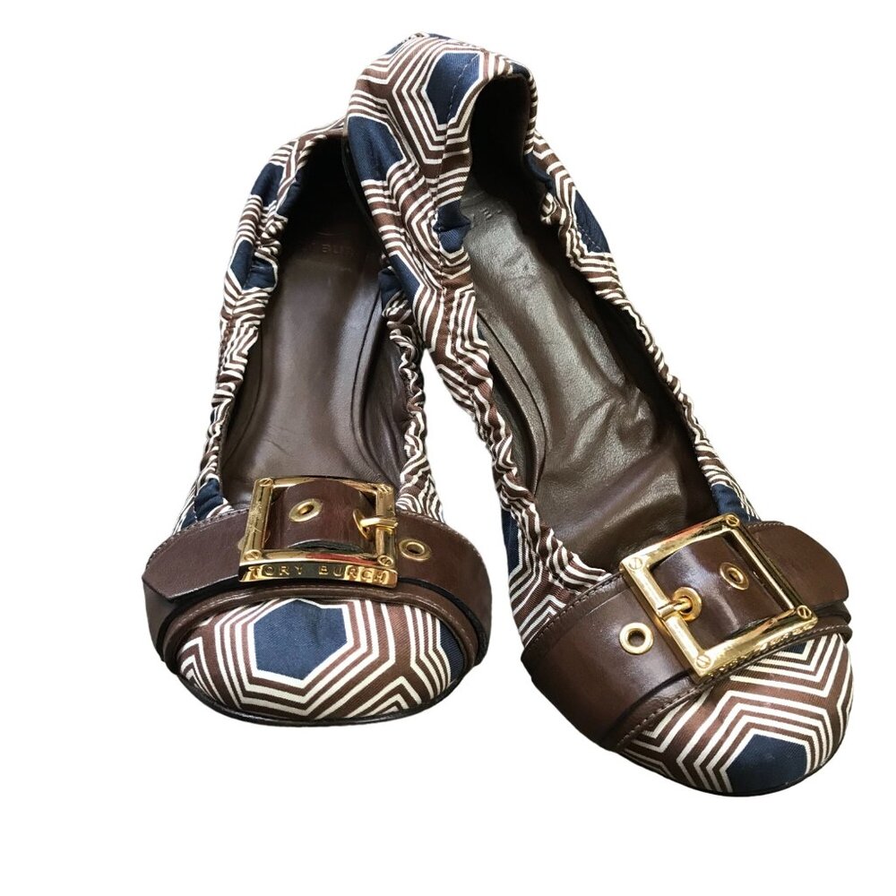 Tory Burch Geometric Ballet Flats Women's Size 7B Satin Leather Slip On Shoes